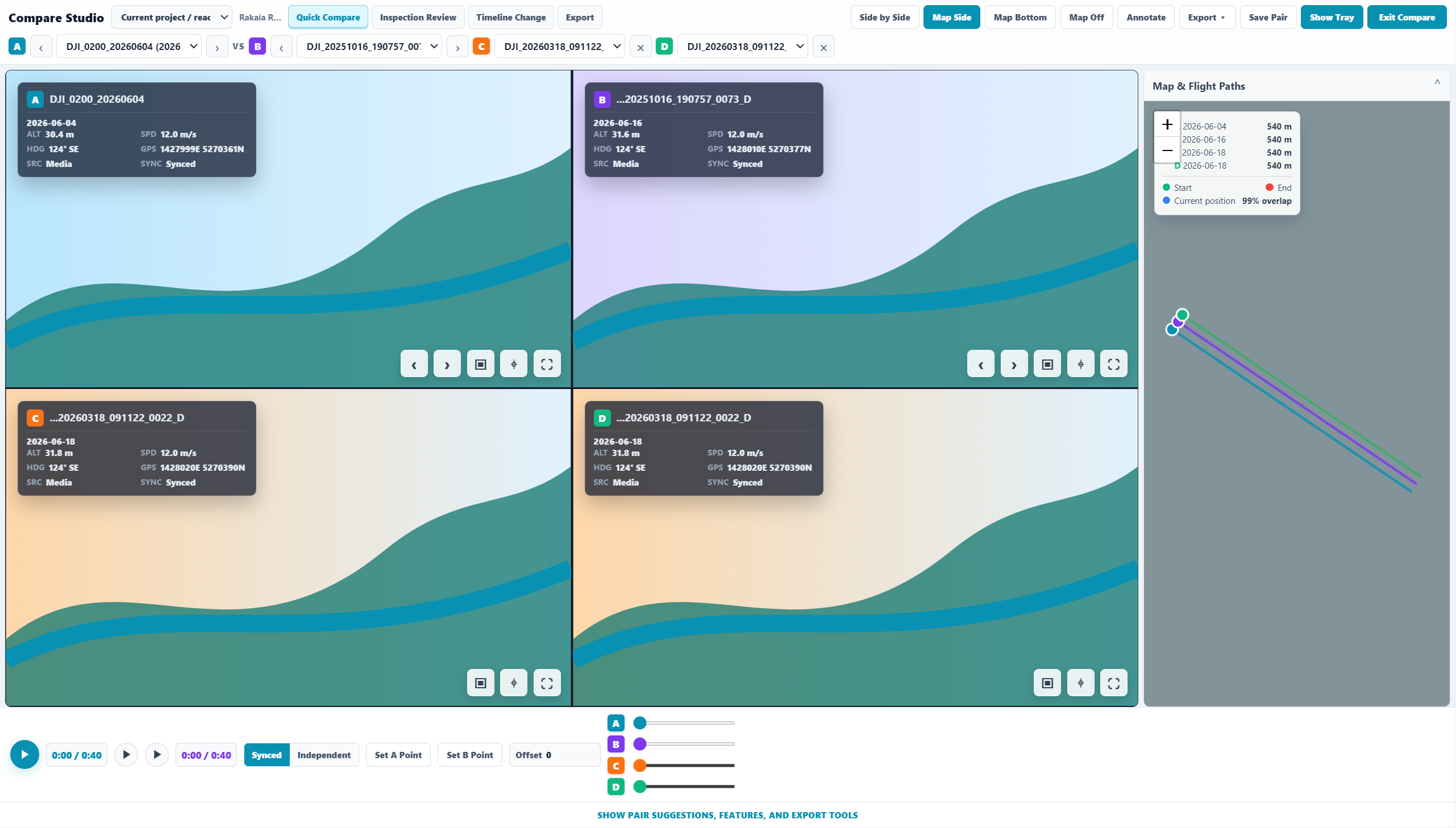 Sightlock Compare Studio showing side-by-side drone media and mapped paths