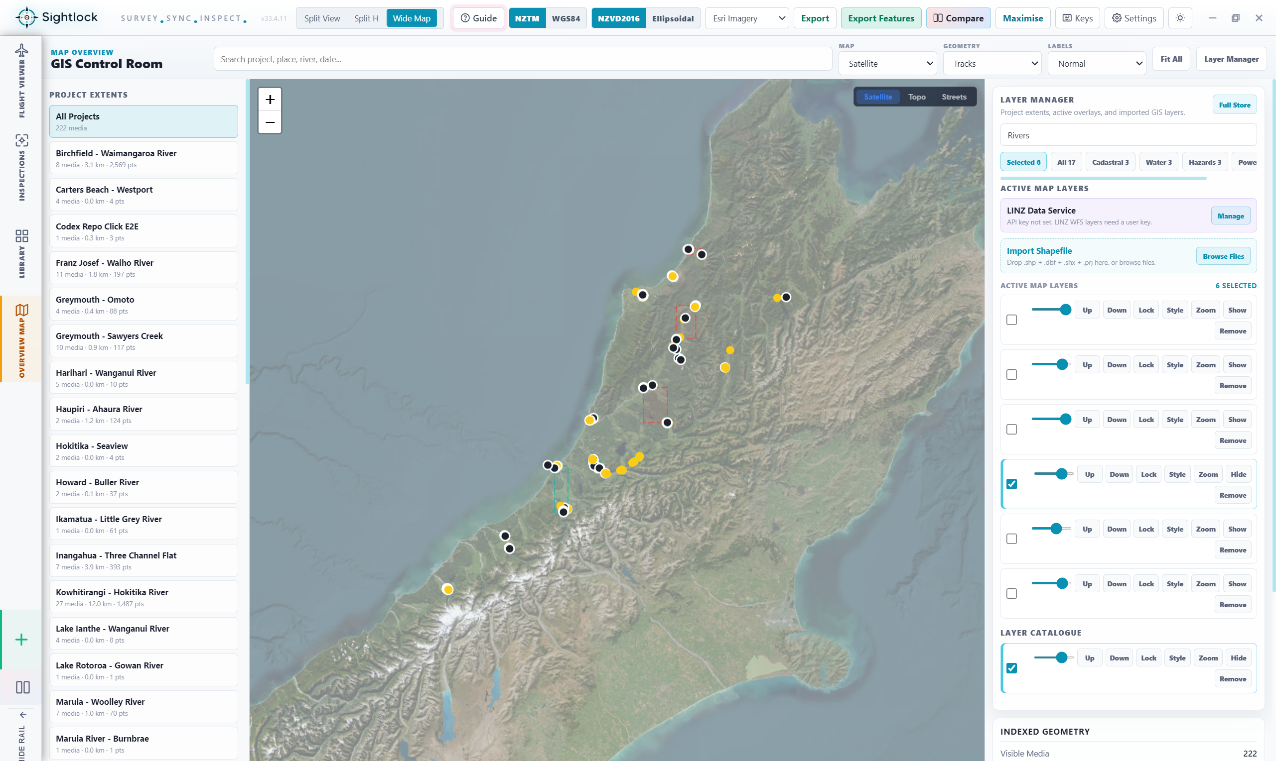 Sightlock GIS layer manager with project extents and active layers