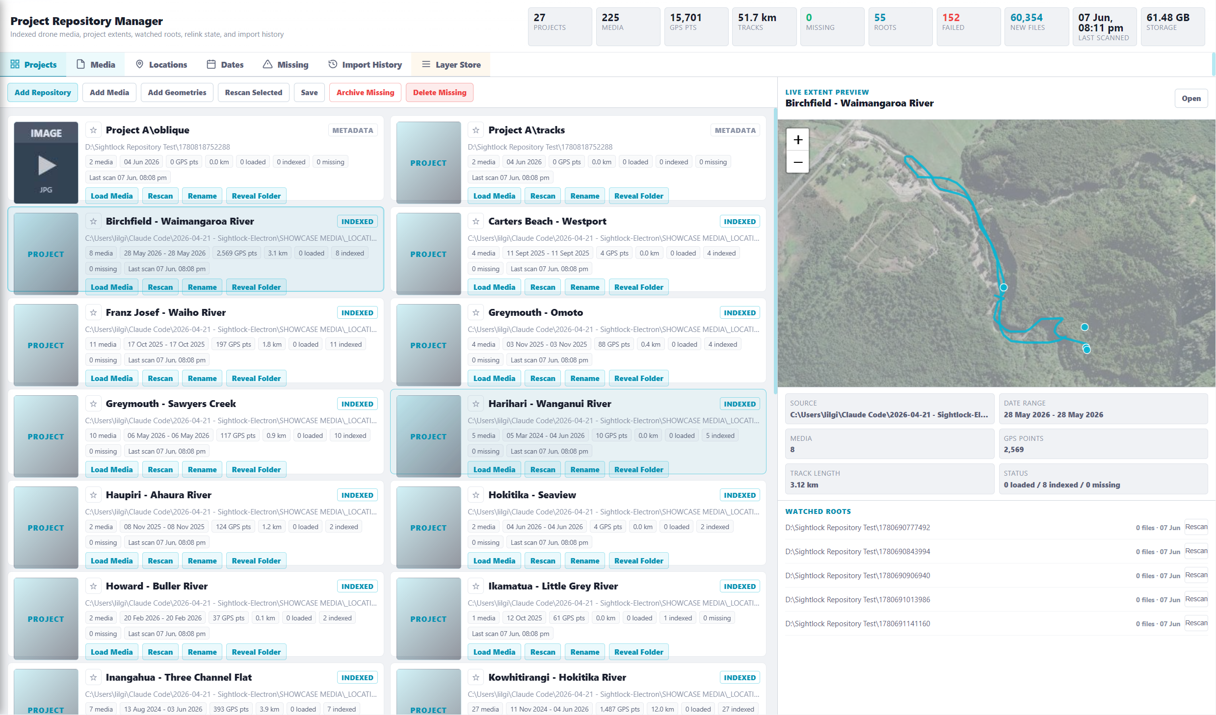 Sightlock Repository Manager with project cards and live map preview